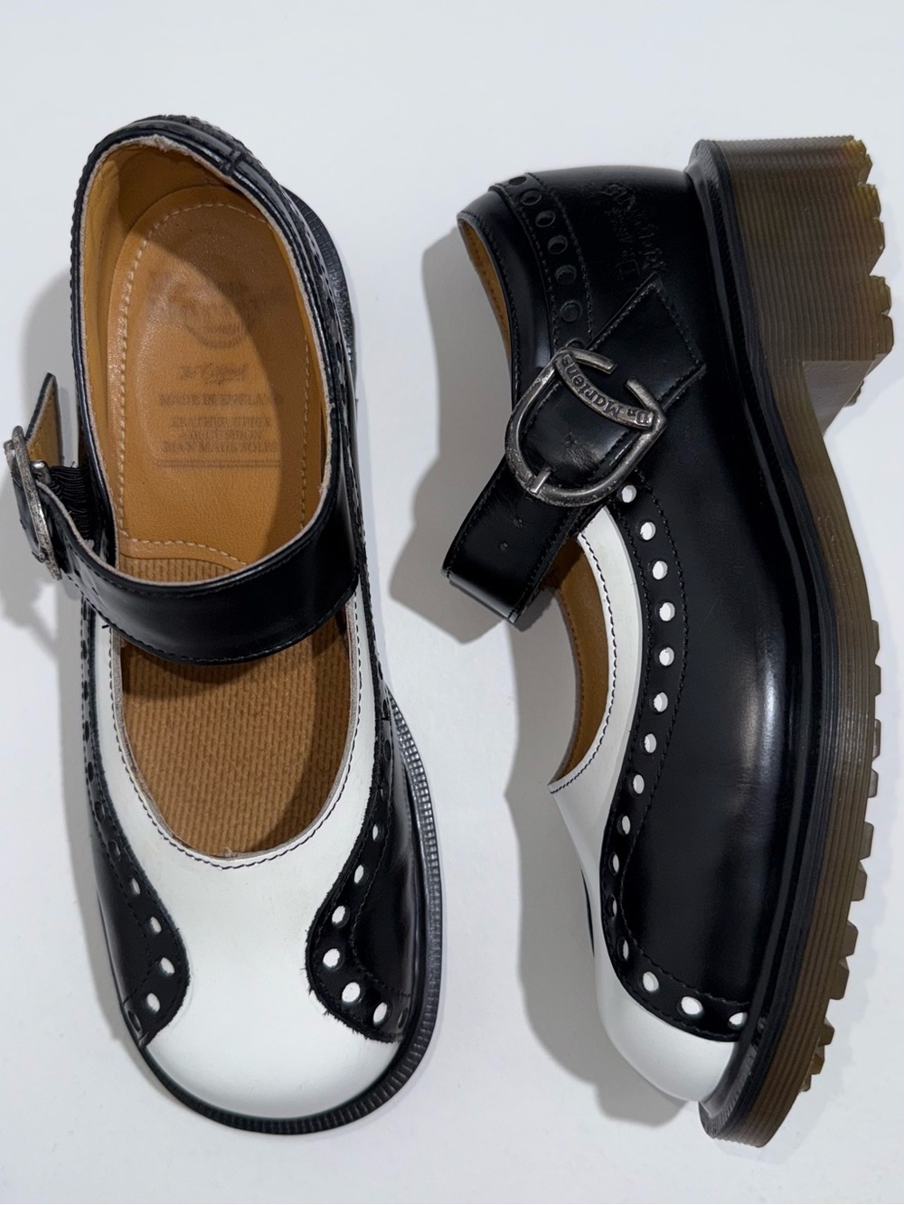 Vintage Dr. Martens Black White Two Tone Wingtip Babydoll Heel Mary Janes UK 4